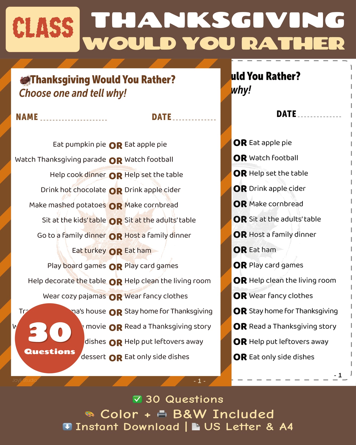 Thanksgiving Would You Rather classroom game printable, 30 questions for Grades 2–6, no prep speaking activity
