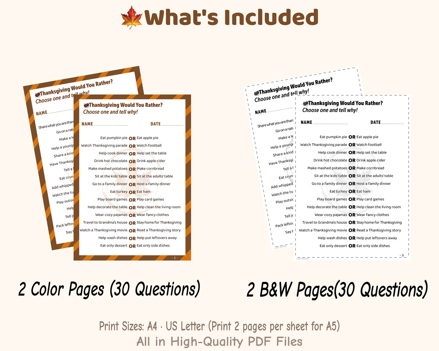 Printable Thanksgiving Would You Rather classroom activity, 30 questions, color and black and white PDF versions
