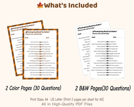 Printable Thanksgiving Would You Rather classroom activity, 30 questions, color and black and white PDF versions
