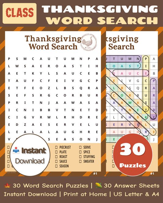 Thanksgiving Word Search – Classroom Edition | Printable Classroom Activity | 30 Puzzles (Color)