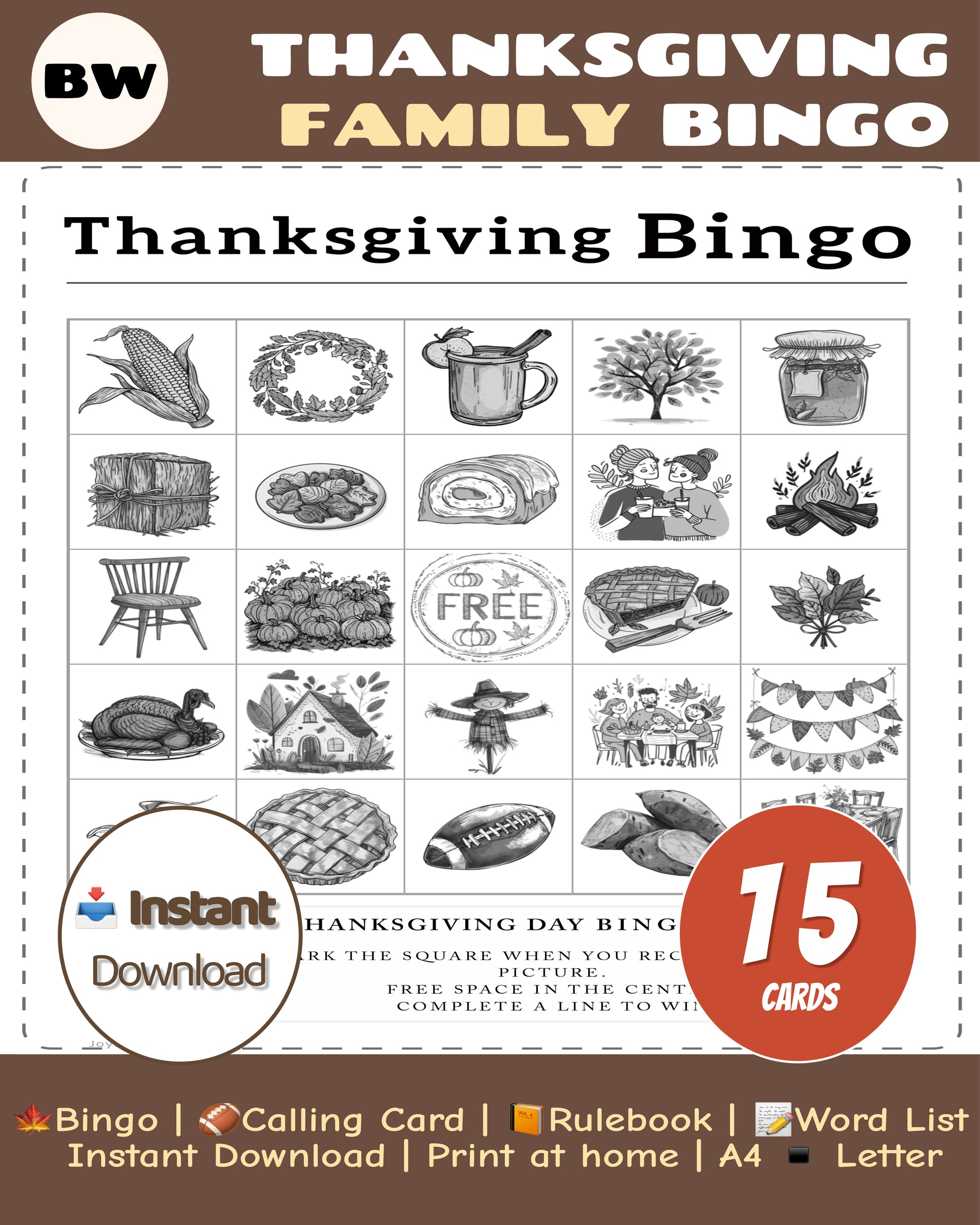 Thanksgiving bingo family edition printable game, black and white 15 cards