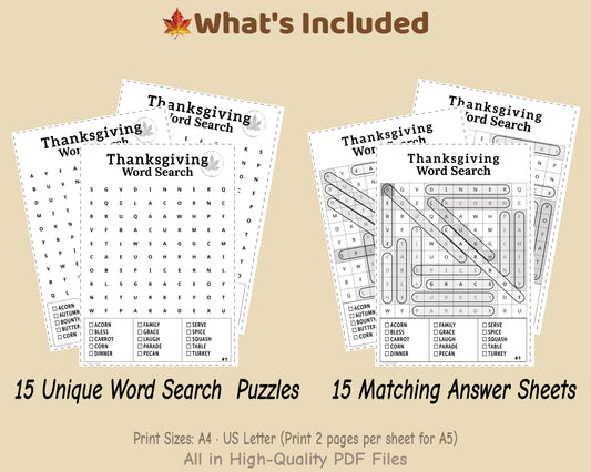 Printable Thanksgiving word search pack includes 15 puzzles and answer sheets, family edition, PDF download
