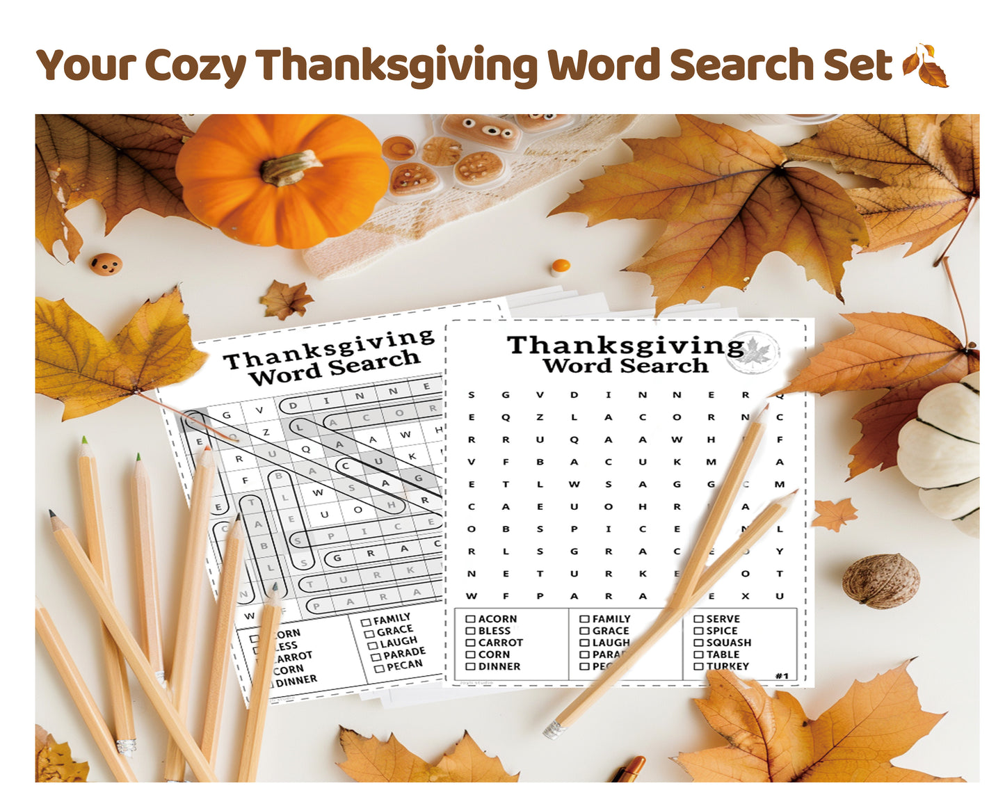 Fun fall themed word search game for kids, easy printable activity for Thanksgiving learning
