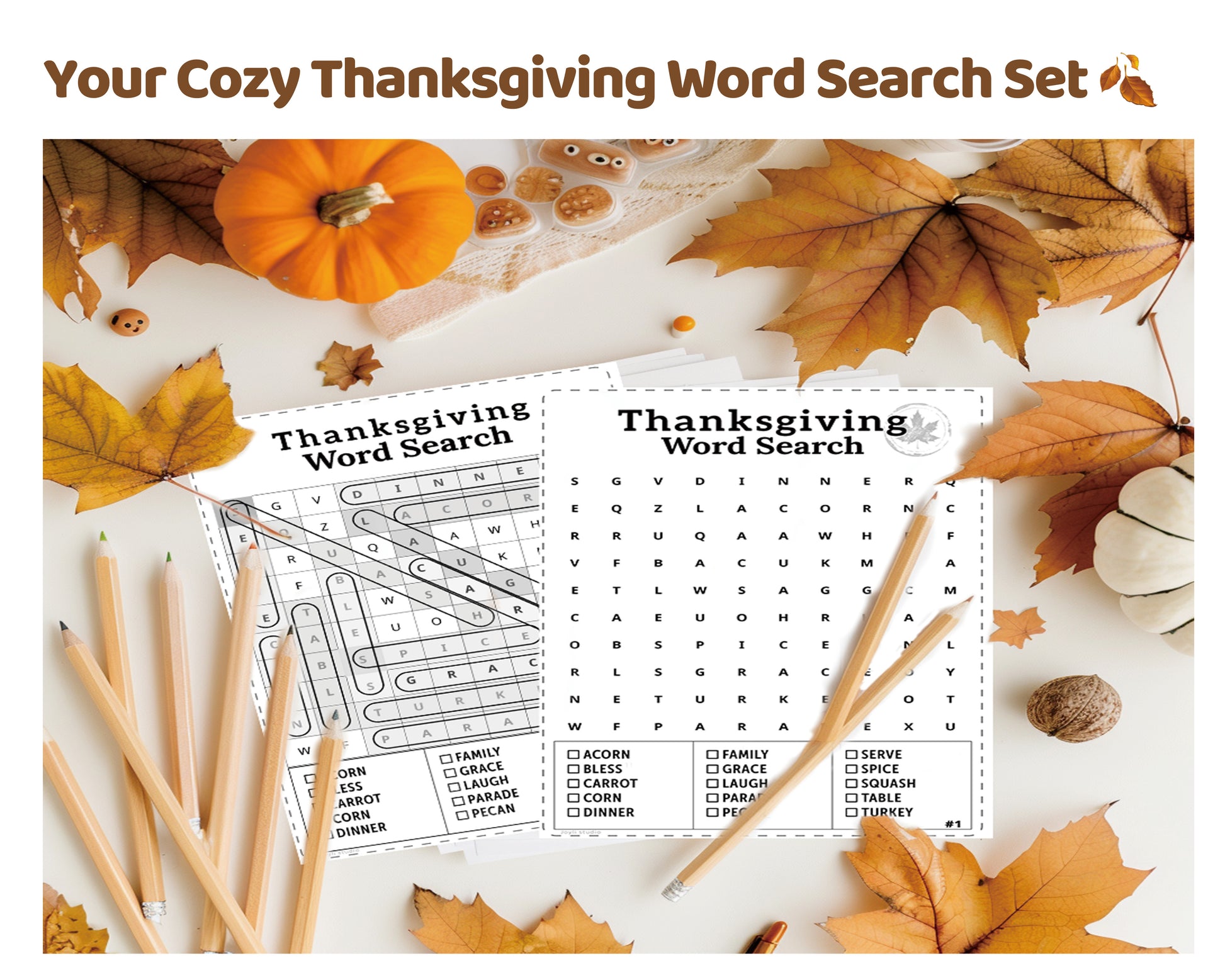 Fun fall themed word search game for kids, easy printable activity for Thanksgiving learning
