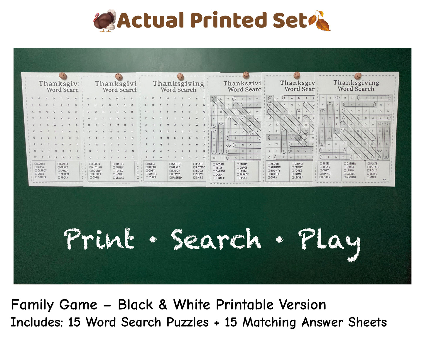Printed Thanksgiving word search pages black and white, easy print family activity for fall
