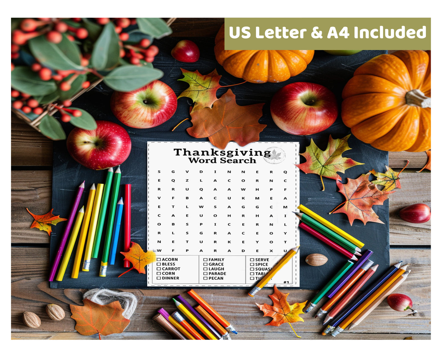 A4 and US Letter size printable word search puzzles, ink friendly Thanksgiving activity
