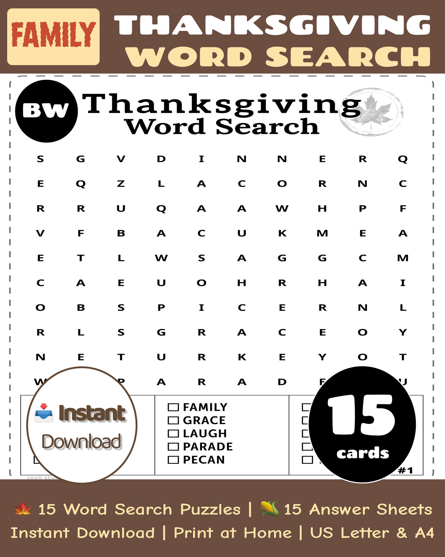Thanksgiving word search printable for kids and families, black and white 10x10 puzzles, instant download activity
