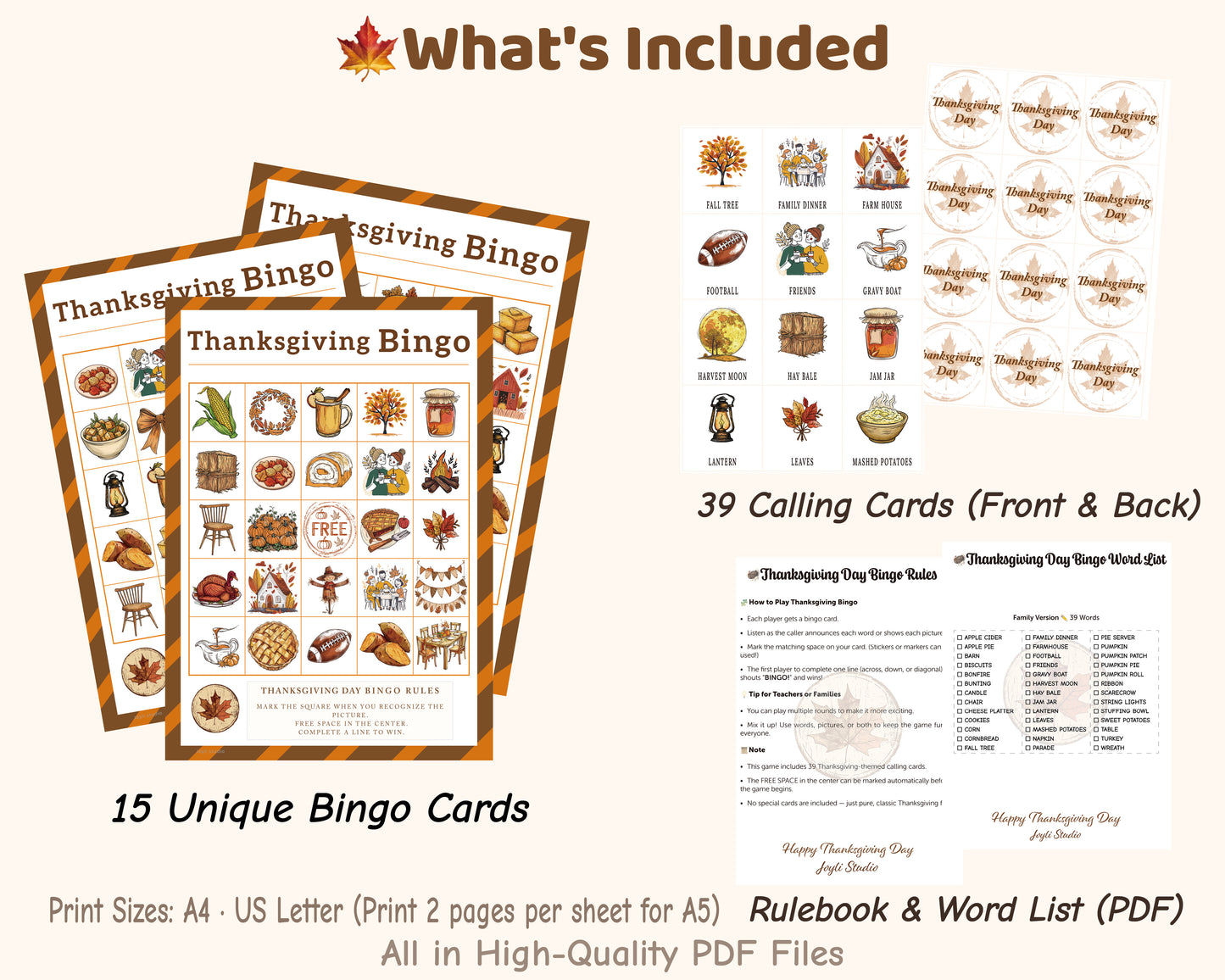Printable Thanksgiving Bingo cards with cozy autumn design
