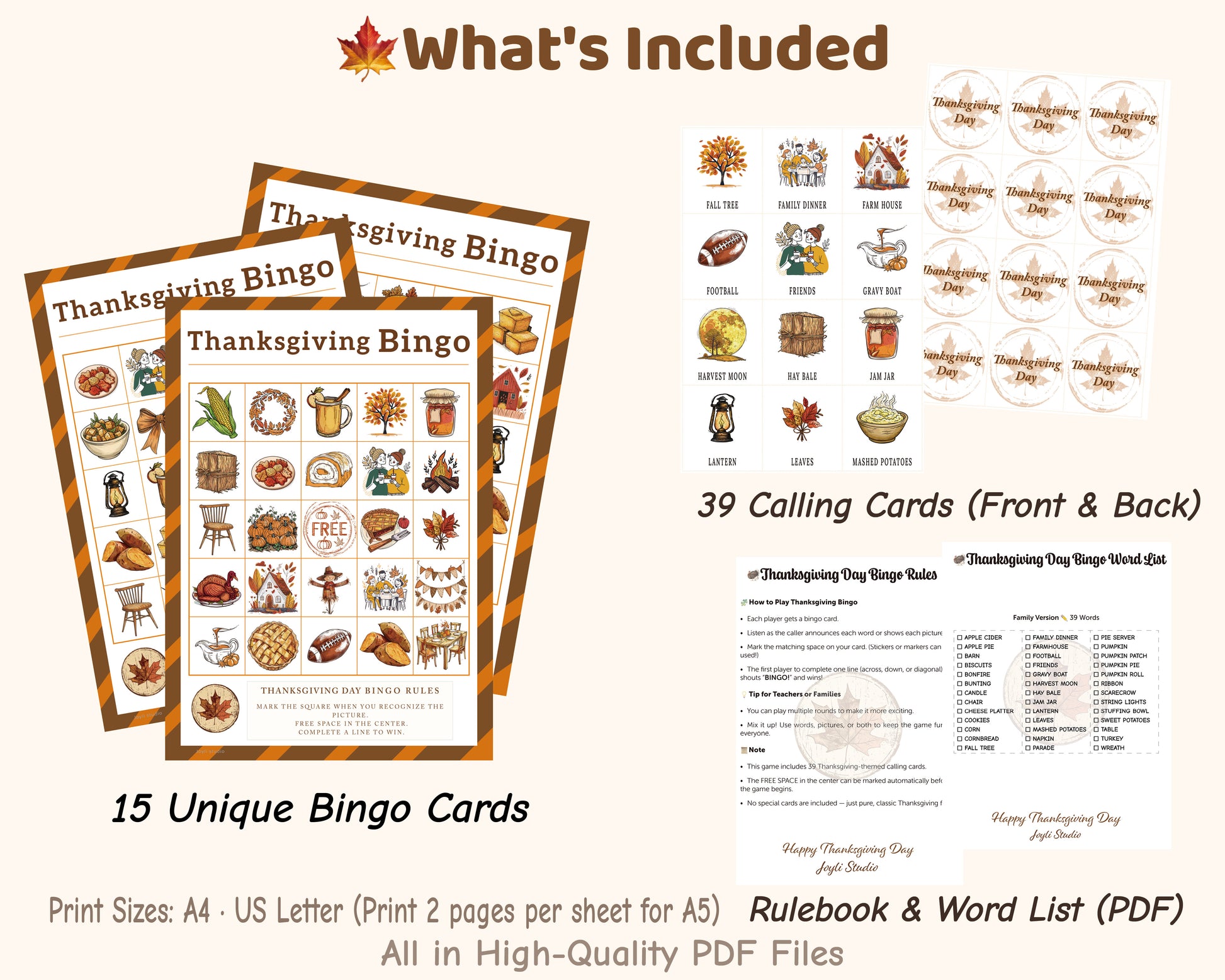 Printable Thanksgiving Bingo cards with cozy autumn design