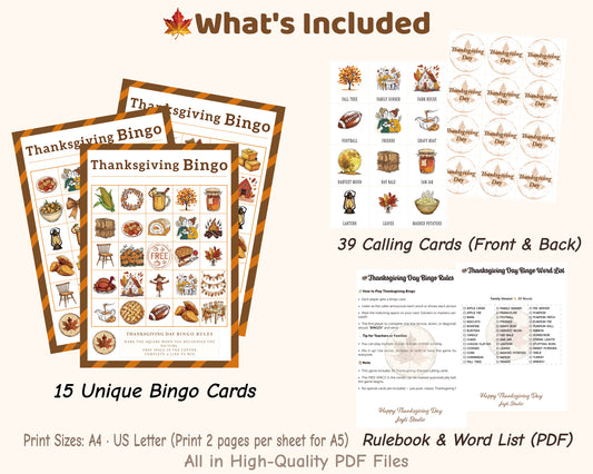 Printable Thanksgiving Bingo cards with cozy autumn design