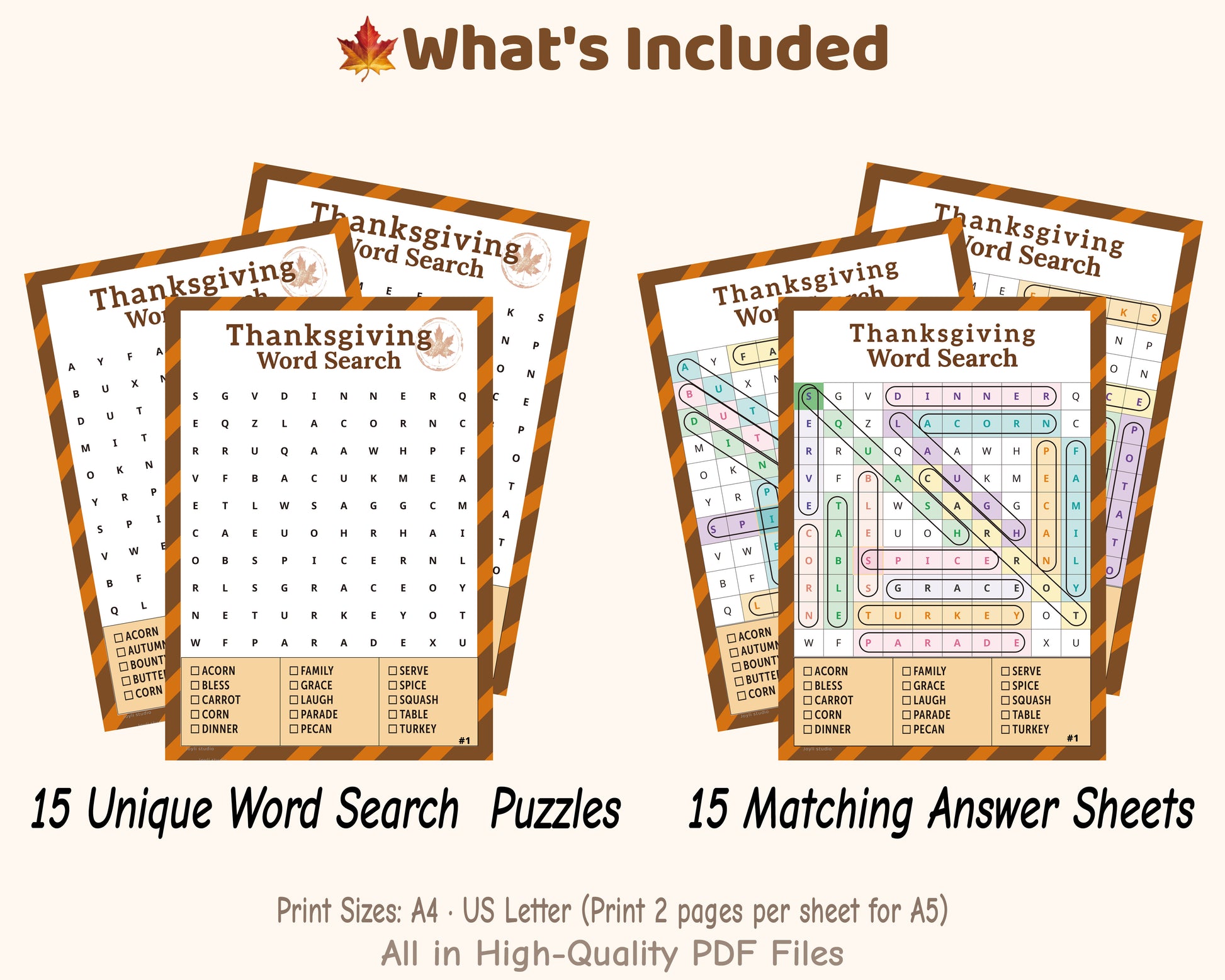 Printable Thanksgiving word search pack includes 15 colorful puzzles and answer sheets, PDF download
