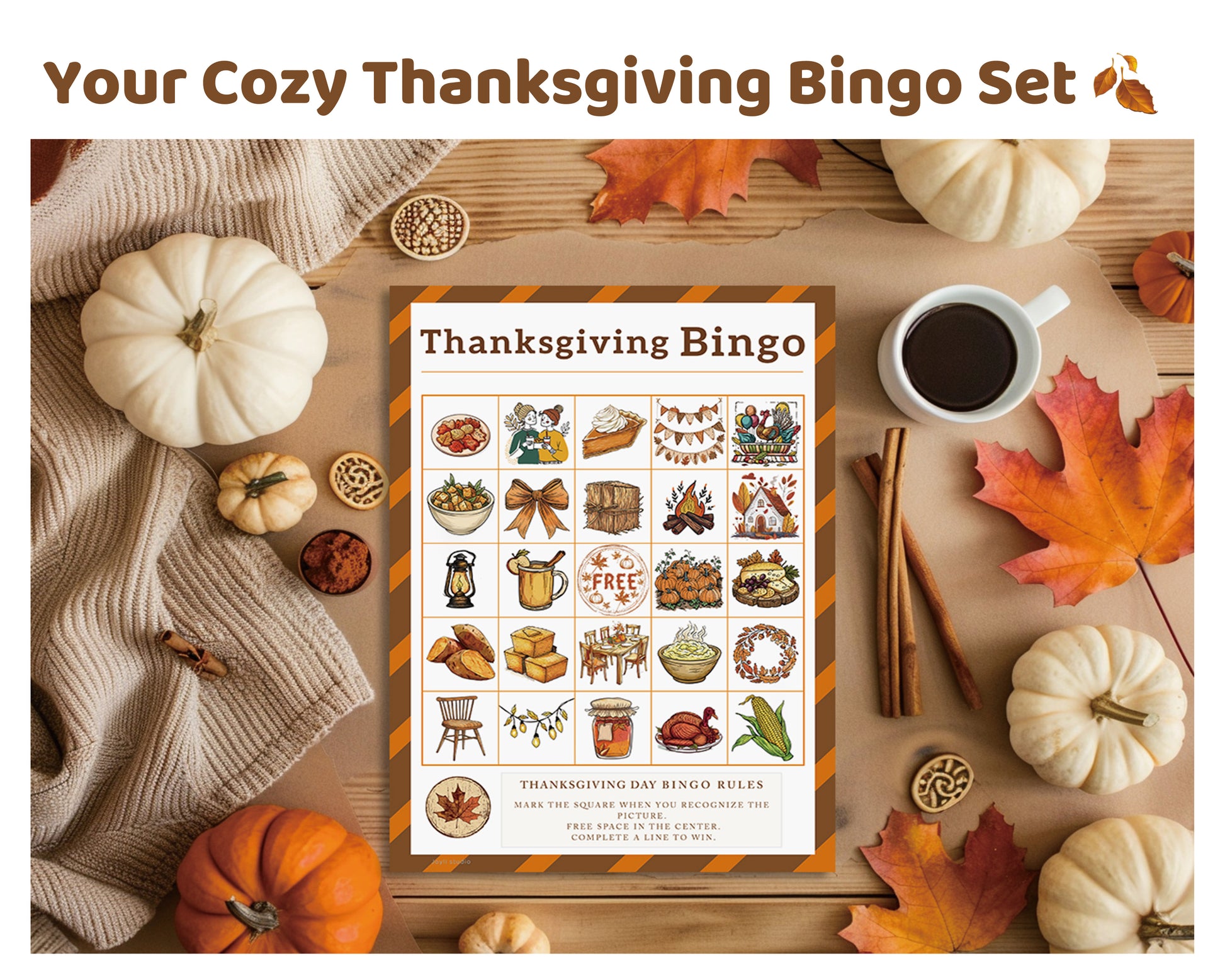 Joyli Studio Thanksgiving Bingo for family gatherings and kids