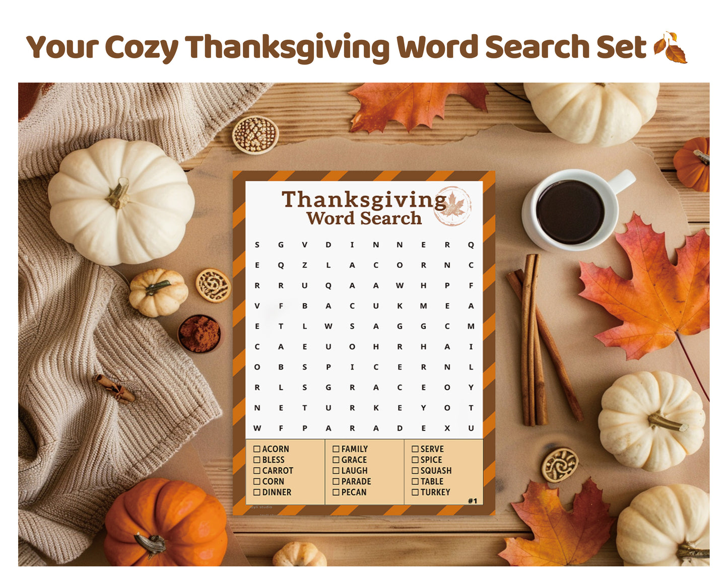 Fall themed word search activity for kids, colorful Thanksgiving printable game
