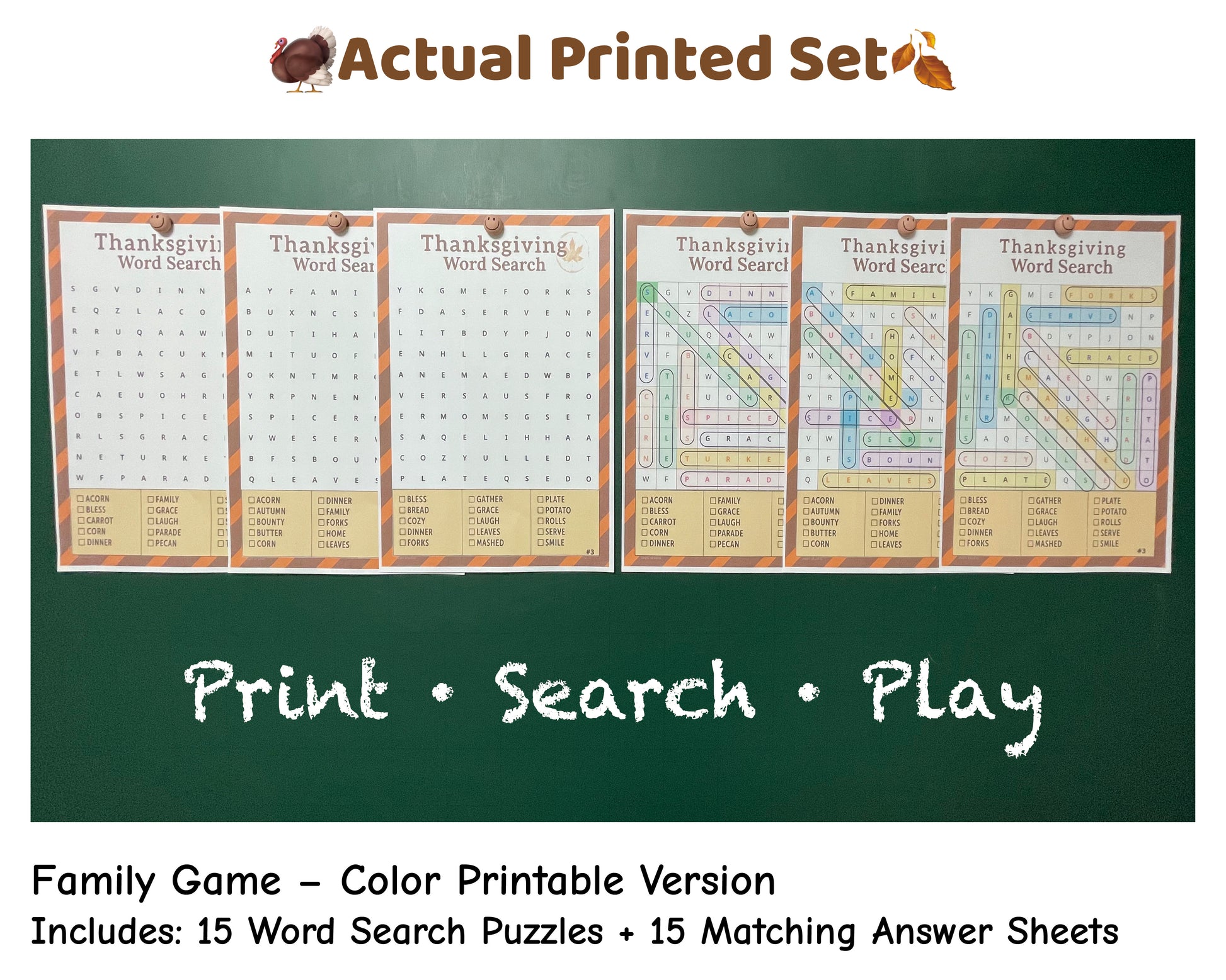 printed Thanksgiving word search pages colorful version, fun kids learning activity
