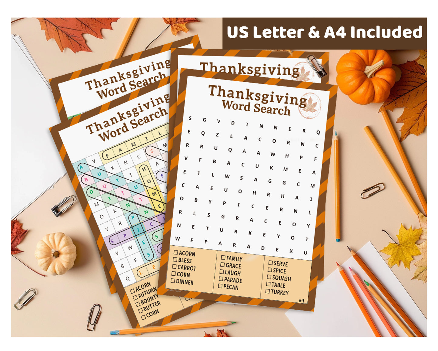 A4 and US Letter printable Thanksgiving word search, color version puzzle game
