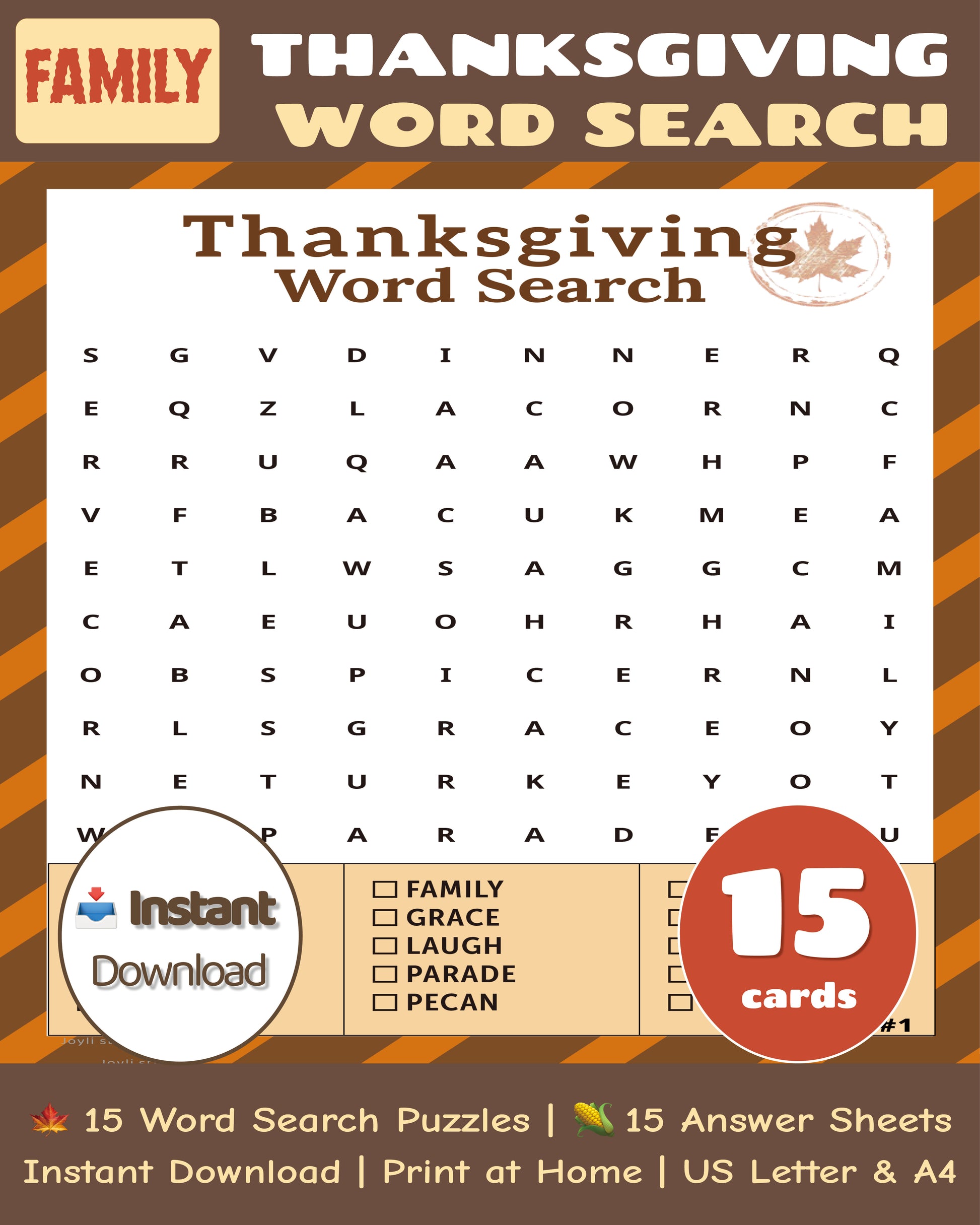 Thanksgiving word search printable game in color, fun family activity, 10x10 puzzles instant download
