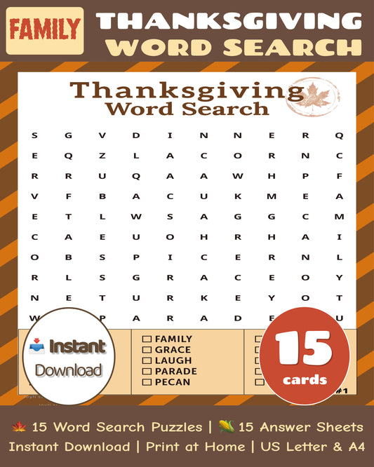 Thanksgiving word search printable game in color, fun family activity, 10x10 puzzles instant download
