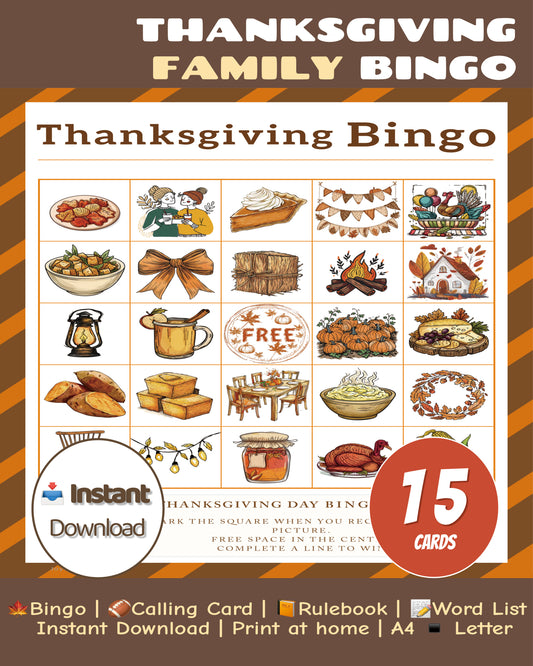 Thanksgiving Bingo Game – Family Edition | Color Printable | 15 Cards