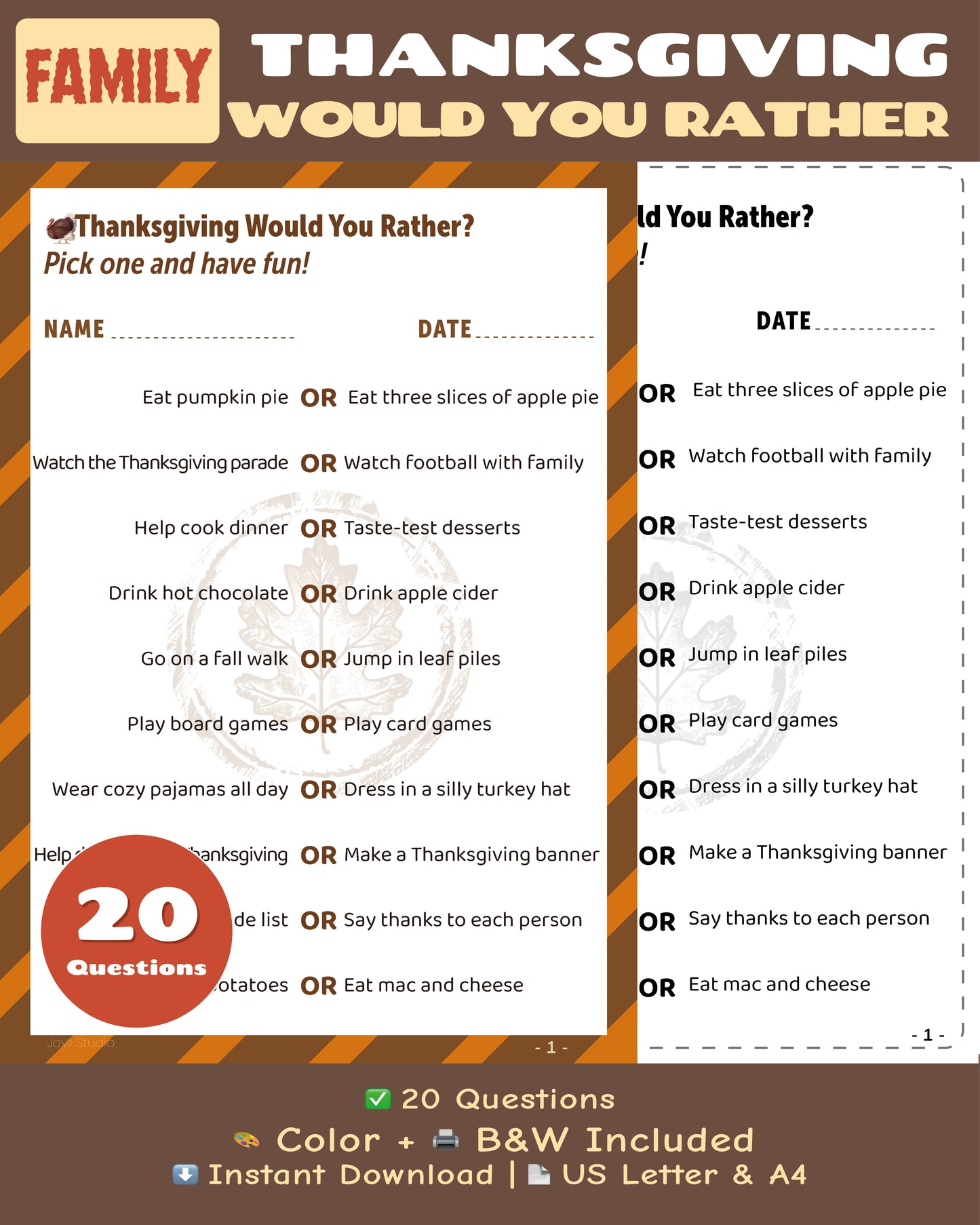 Thanksgiving Would You Rather Family game printable, 20 questions, color and black and white PDF, instant download
