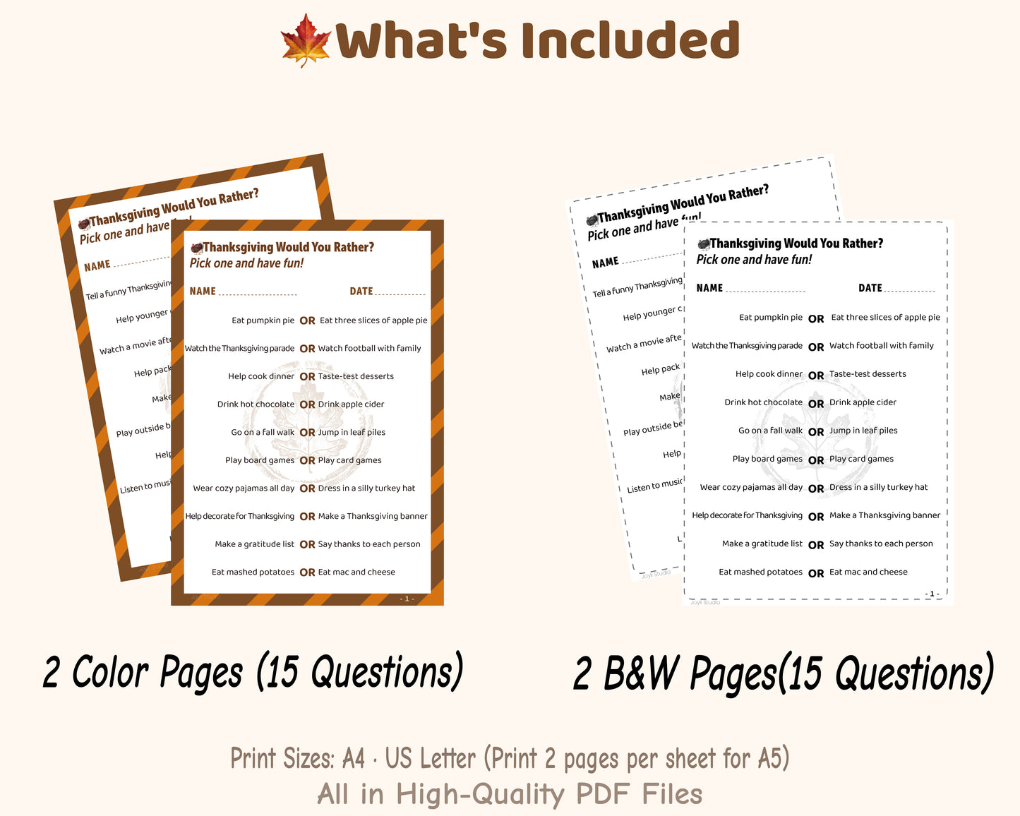 Printable Thanksgiving Would You Rather game set, includes 2 color pages and 2 black and white pages, family edition PDF
