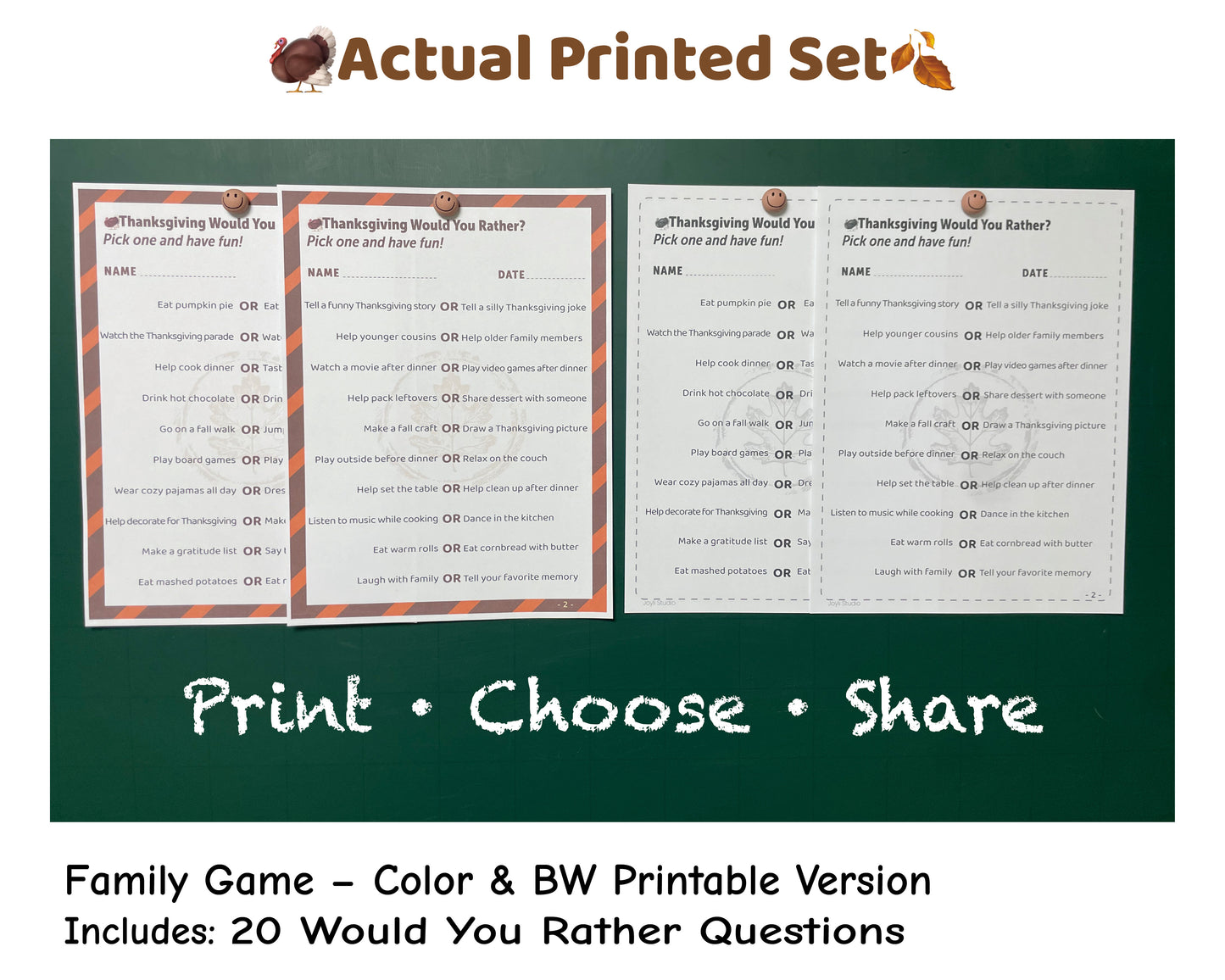 Thanksgiving Would You Rather – Family Edition | Printable Holiday Activity | 20 Questions (Color+B&W)