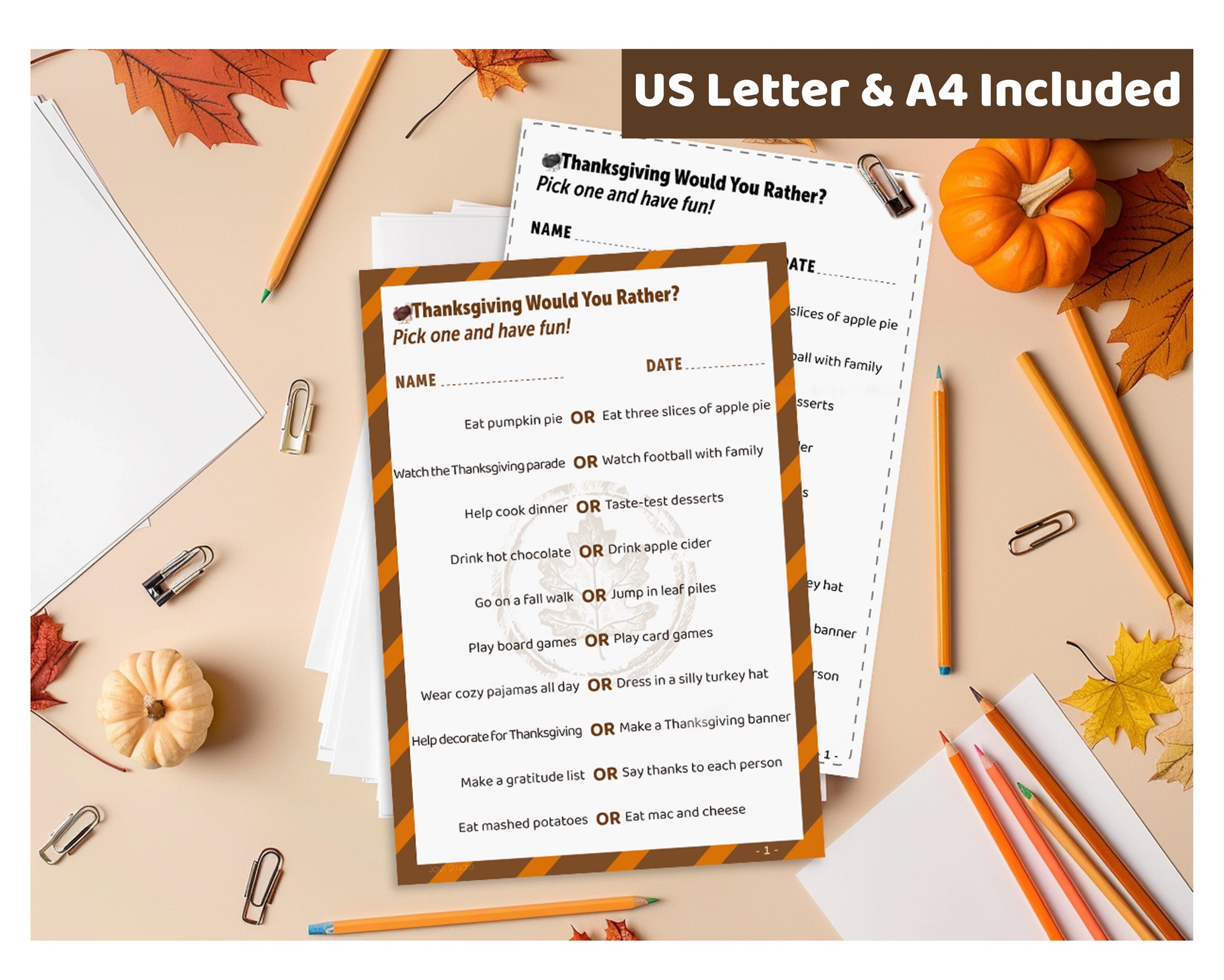Thanksgiving printable PDF includes US Letter and A4 sizes, easy print and play family game
