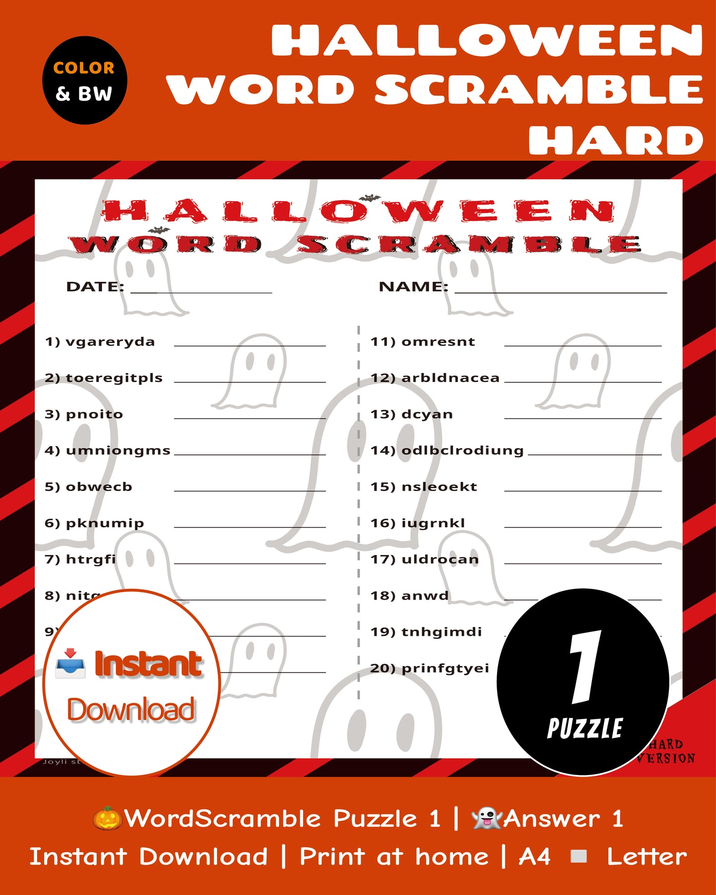 Halloween Word Scramble Game Printable – Hard Level for Family & Adults (Color + B&W)