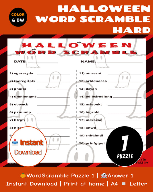 Halloween Word Scramble Game Printable – Hard Level for Family & Adults (Color + B&W)