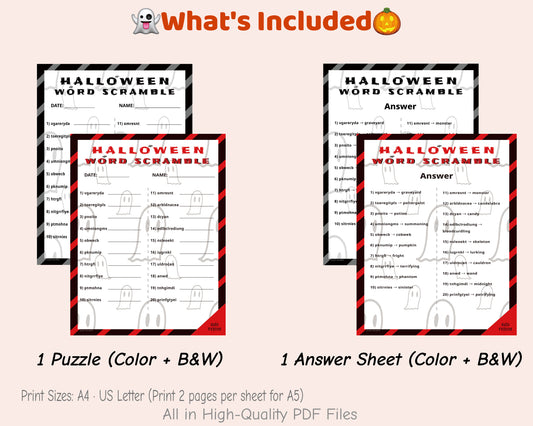 Halloween Word Scramble Game Printable – Hard Level for Family & Adults (Color + B&W)