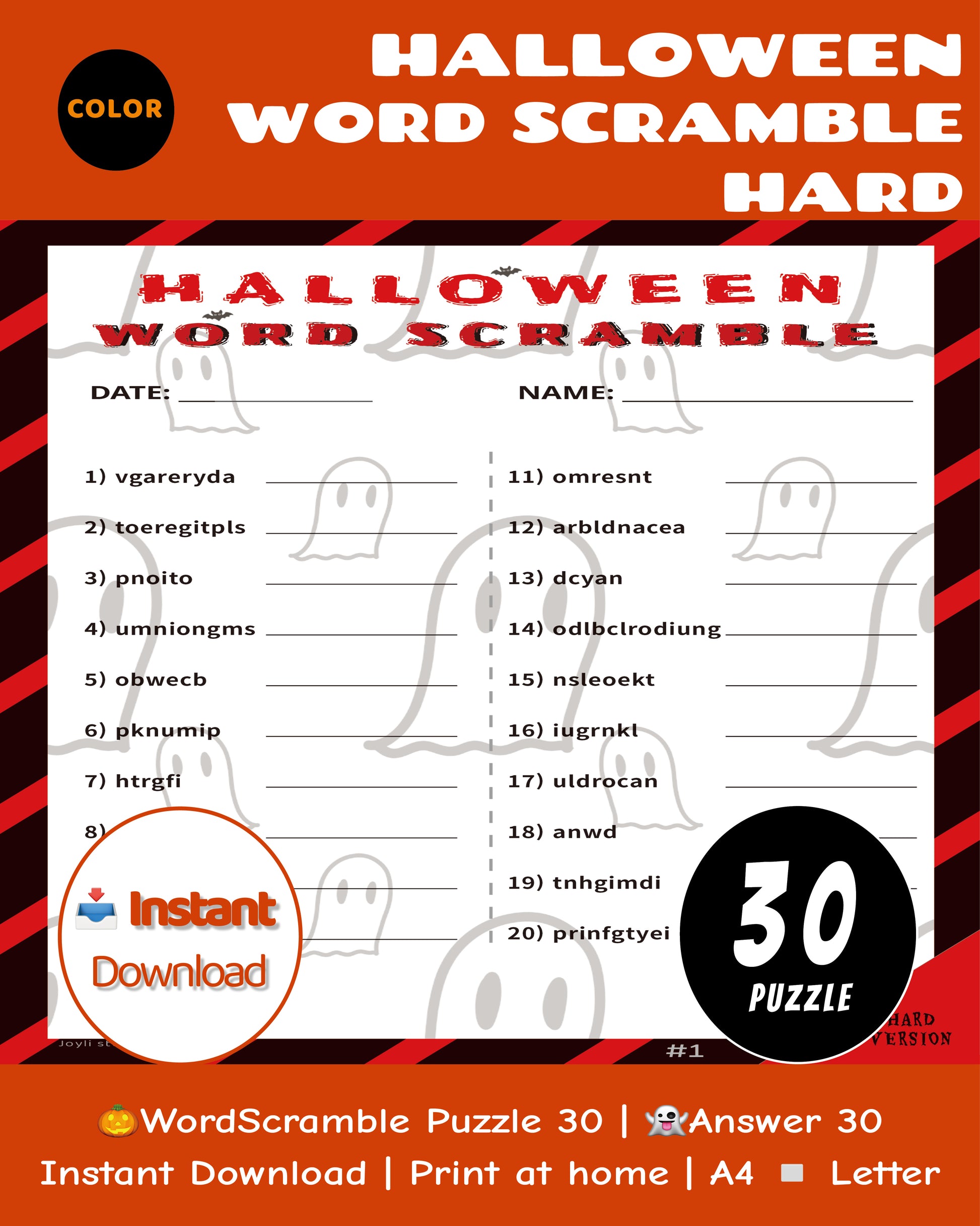 Halloween Word Scramble Hard Classroom Edition – Color Puzzle Worksheets