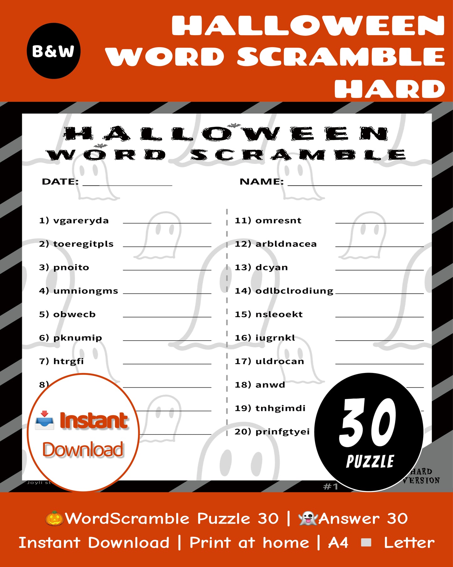 Halloween Word Scramble – Hard Classroom Edition | 30 Black & White Puzzles
