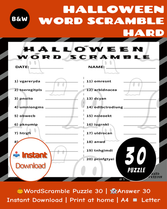 Halloween Word Scramble – Hard Classroom Edition | 30 Black & White Puzzles