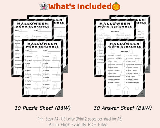 Halloween Word Scramble – Hard Classroom Edition | 30 Black & White Puzzles