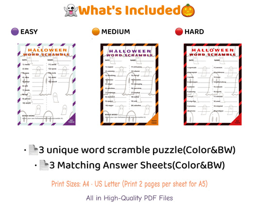 Halloween Word Scramble Printable Game Bundle – Family Edition- Easy, Medium, Hard (Color + B&W)