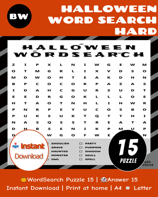 Halloween Word Search Printable Hard – 15 Puzzles + Answers | Black & White PDF