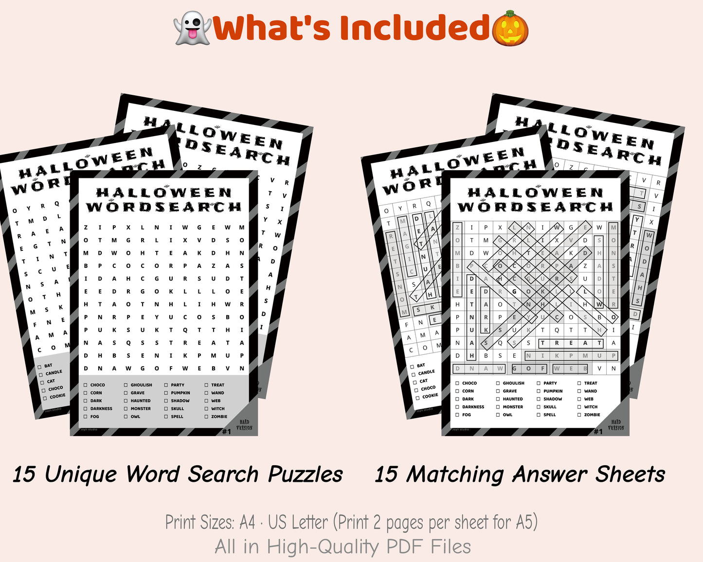 Halloween Word Search Printable Hard – 15 Puzzles + Answers | Black & White PDF