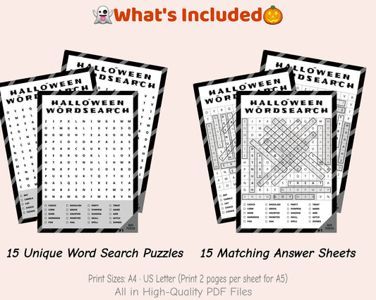 Halloween Word Search Printable Hard – 15 Puzzles + Answers | Black & White PDF
